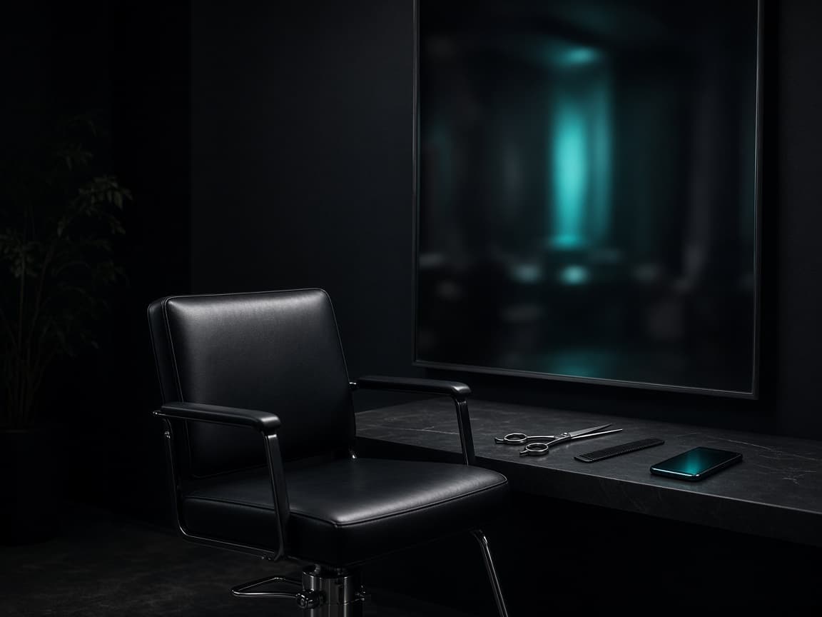 An empty styling chair, scissors, a comb, and a phone